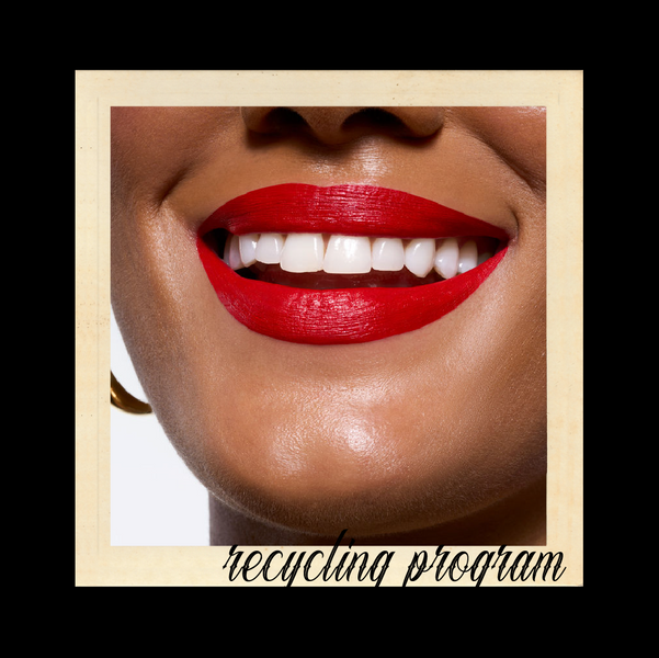 Close-up of a person wearing bright red lipstick with 'recycling program' text at the bottom.