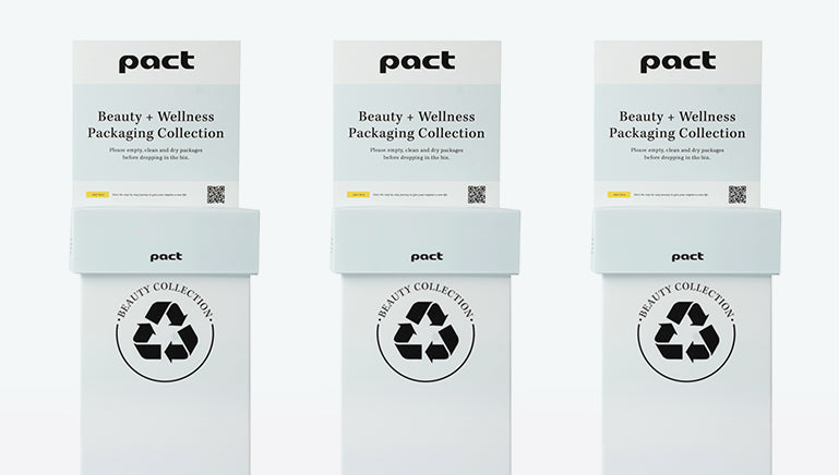 Three 'pact' beauty and wellness packaging boxes with recycling symbol on a white background
